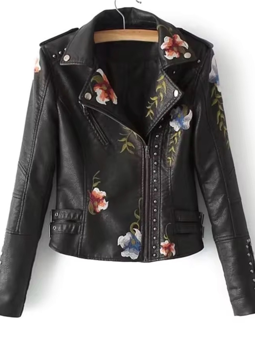 Women's Black Faux Leather Floral Embroidered Studded Moto Jacket, L